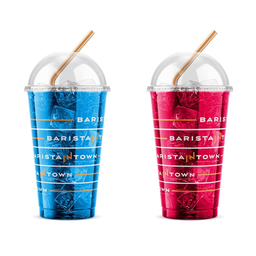 Two Barista in Town cups with blue and red drinks